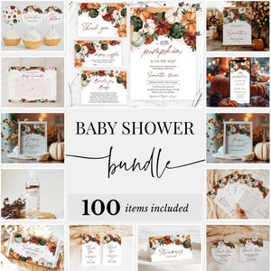 Editable Burgundy Pumpkin Baby Shower Bundle, Fall Rustic Pumpkin Baby Shower Invitation Pack, Minimalist Pumpkin Game Package, BBS893