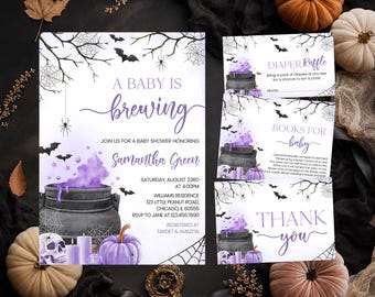 Editable Purple Girl A Baby is Brewing Halloween Baby Shower Invitation Bundle, Cauldron Baby Shower Invite, Spooky Baby Shower, BBS772