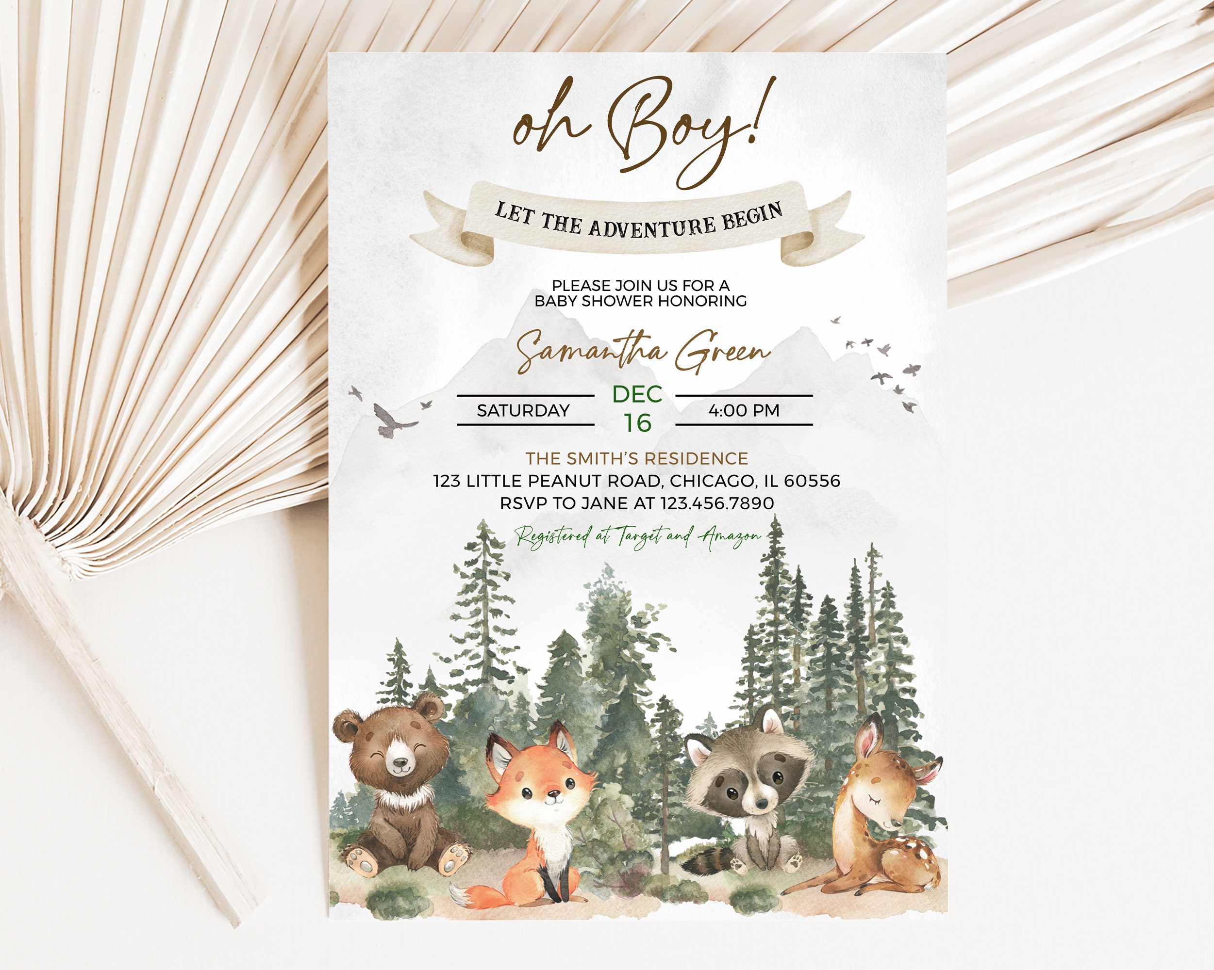 Editable Let the Adventure Begin Woodland Baby Shower Invitation, Woodland Baby Shower Invite, Boy Adventure Baby Shower, BBS590