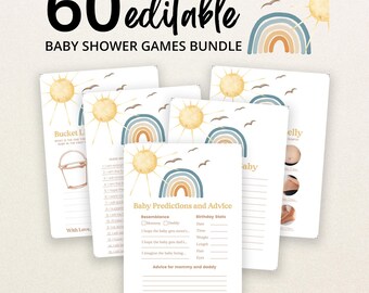 Könnte beinhalten: Ein Set aus 60 bearbeitbaren Babyparty-Spielkarten mit Aquarell-Sonne, Regenbogen und Vögeln. Die Karten enthalten Titel wie Baby Predictions and Advice, mit leeren Zeilen zum Ausfüllen, Kontrollkästchen und Listen für Geburtsdaten und Ratschläge.