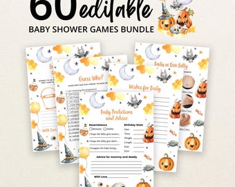 May include: A bundle of 60 editable baby shower game cards featuring watercolor illustrations of pumpkins, bats, moons, and skulls. The text includes titles like Baby Predictions and Advice, Guess Who, and Baby or Beer Belly with orange accents.