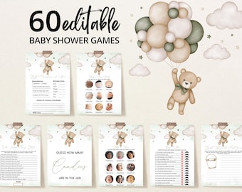 Edytowalny zestaw gier na baby shower w stylu niedźwiedzia, neutralny pod względem płci, pakiet gier na baby shower We Can Bearly Wait, zielone gry na baby shower w stylu niedźwiedzia boho, BBS390