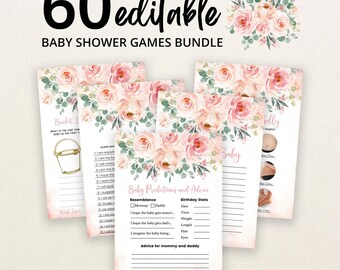 May include: A bundle of 60 editable baby shower game cards featuring a floral design with pink roses and green leaves. The cards include text such as Baby Predictions and Advice, Bucket List, and Guess Who, with blank lines for writing responses.