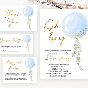 Bewerkbare Oh Boy babyshower uitnodigingsbundel, blauwe ballon babyshower uitnodiging, blauwe jongen eucalyptus babyshower uitnodiging, BBS326