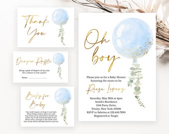 Editable Oh Boy Baby Shower Invitation Bundle, Blue Balloon Baby Shower Invitation, Blue Boy Eucalyptus Baby Shower Invitation, BBS326
