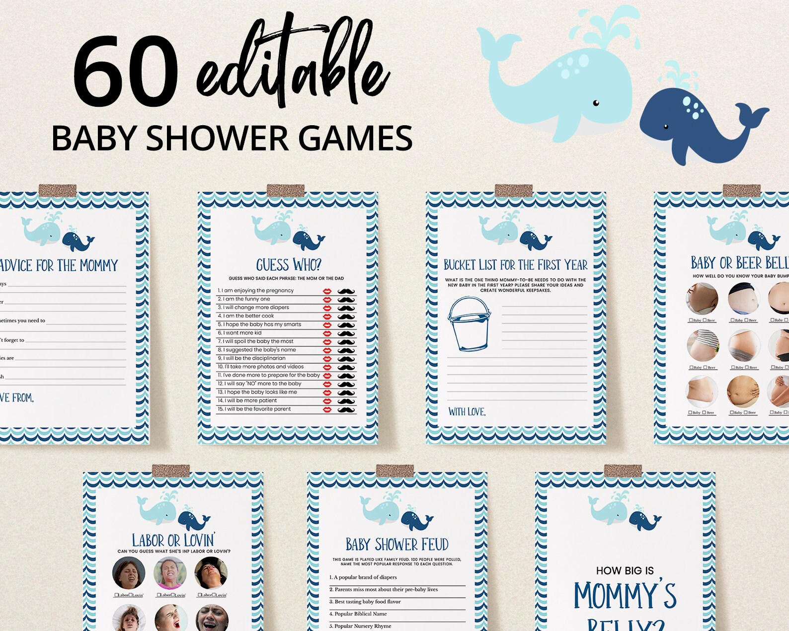 Editable Whale Baby Shower Game Bundle Blue Whale Baby Shower Etsy