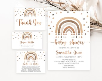 Editable Boho Rainbow Baby Shower Invitation Bundle, Rustic Rainbow Baby Shower Invite Pack, Gender Neutral Rainbow Baby Shower, BBS638