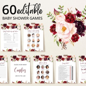 Pacchetto di giochi per baby shower floreale bordeaux modificabile, pacchetto di giochi per baby shower con insegna da bar Mimosa bordeaux per bambine, giochi per baby shower floreale Marsala, BBS262