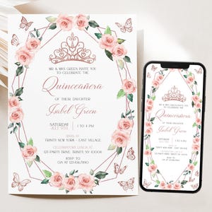 Editable Blush Pink and Gold Quinceañera Invitation, Butterfly Floral Birthday Invite, Floral Mis Quince Anos, Princess Quince Invite BRT343
