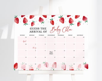 Puede incluir: Un juego de baby shower imprimible con un calendario rosa y blanco con el texto "Adivina la llegada de Baby Chloe". El calendario tiene fresas con hojas verdes y lunares negros alrededor del borde.