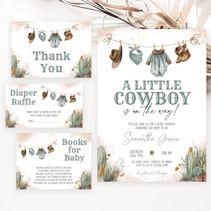 Pacchetto di inviti per baby shower modificabili "A Little Cowboy", invito per baby shower "Far West", invito per baby shower "Cowboy marrone e blu", invito per rodeo cactus BBS1066