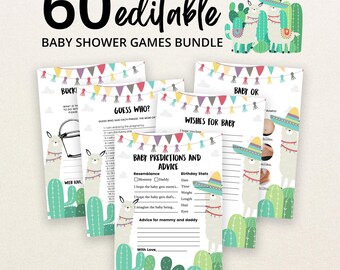 May include: A bundle of 60 editable baby shower game cards featuring illustrations of llamas wearing sombreros and green cacti. The cards include titles like Guess Who, Wishes for Baby, and Baby Predictions and Advice, decorated with colorful bunting.