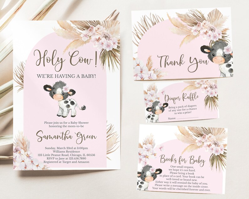 Editable Holy Cow Baby Shower Invitation Bundle Girl Pink Cow Baby Shower Invite Boho Cow Baby Shower Invite Pampas Grass Cow