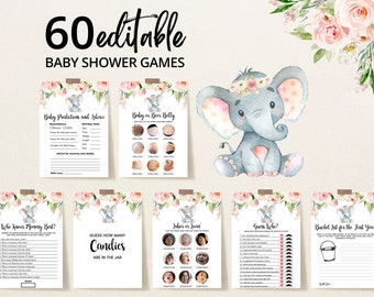 Editable Girl Elephant Baby Shower Games Bundle, Floral Elephant Baby Shower Game Pack, Little Peanut, Girl Pink Elephant Games BBS155