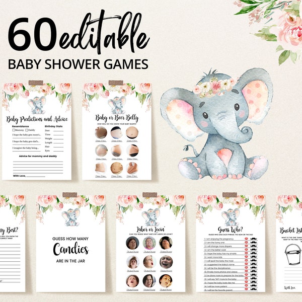 Editable Girl Elephant Baby Shower Games Bundle, Floral Elephant Baby Shower Game Pack, Little Peanut, Girl Pink Elephant Games BBS155