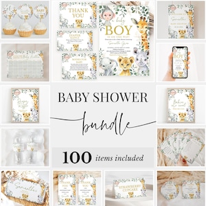 Editable Wild One Boy Baby Shower Bundle, Safari Jungle Baby Shower Invitation Pack, Greenery Safari Animals Shower Game Package, BBS864