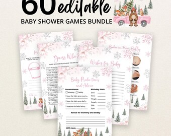 Op de afbeelding: Een bundel van 60 bewerkbare babyshower-spelkaarten met een winterthema, roze sneeuwvlokken, bloemaccenten en illustraties van bosdieren in een roze vrachtwagen. De kaarten bevatten titels zoals Guess Who, Wishes for Baby en Predictions.