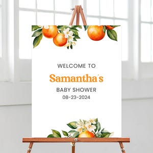 Bearbeitbares Little Cutie Babyparty Willkommensschild, Orange Babyparty Poster, geschlechtsneutrales Orange Citrus Babypartydekor, BBS1054