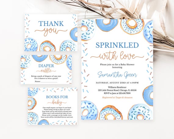 Editable Blue Donuts Baby Sprinkle Invitation Bundle, Boy Donuts Baby Shower Invite, Sprinkled with Love Shower, Donuts Baby Shower, BBS969