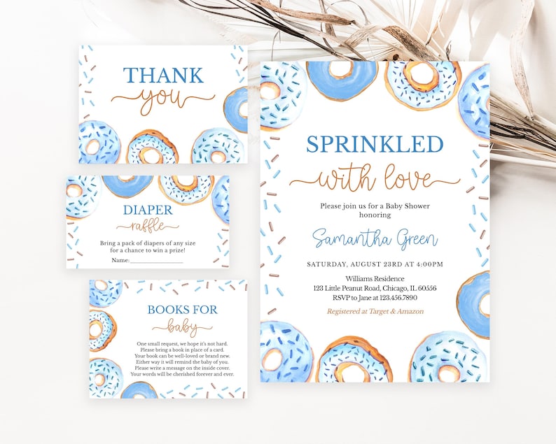 May include: Blue and white donut themed baby shower invitation with gold accents. The invitation says "Sprinkled with love" and includes the date, time, and location of the event. It also includes the name of the guest of honor, Samantha Green.