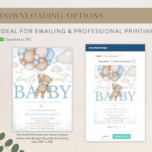 May include: A baby shower invitation with a blue and brown colour scheme. The invitation features a teddy bear holding balloons and the text "We can barely wait Baby". The invitation also includes the text "Nathan is on the way!" and "Maddison Green".