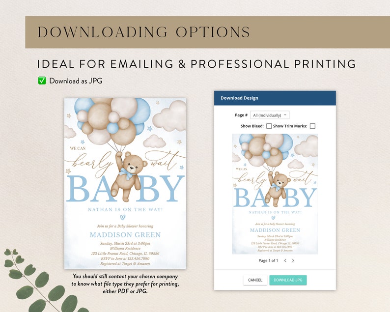 May include: A baby shower invitation with a blue and brown colour scheme. The invitation features a teddy bear holding balloons and the text "We can barely wait Baby". The invitation also includes the text "Nathan is on the way!" and "Maddison Green".