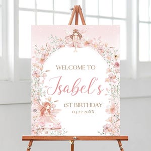 Editable Little Fairy First Birthday Welcome Sign, 1st Birthday Wildflower Fairy, Girl Pink Floral Fairy Birthday Poster, BRT240