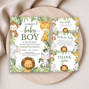 May include: A baby shower invitation set featuring watercolor jungle animals including a monkey, giraffe, elephant, lion, and zebra. The text reads A SWEET baby BOY IS ON HIS WAY, Diaper Raffle, Books for Baby, and THANK you, with event details.