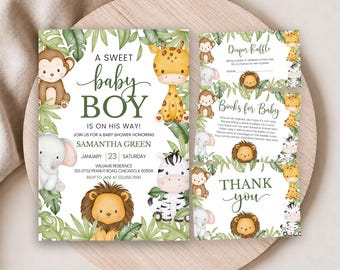 May include: A baby shower invitation set featuring watercolor jungle animals including a monkey, giraffe, elephant, lion, and zebra. The text reads A SWEET baby BOY IS ON HIS WAY, Diaper Raffle, Books for Baby, and THANK you, with event details.