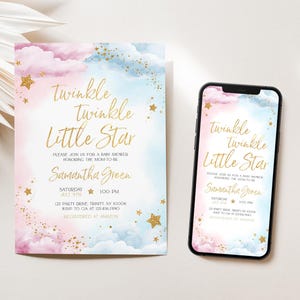 Editable Twinkle Twinkle Little Star Gender Reveal Invitation, Pink Blue, He She Invite, Pink Blue Gold Moon Star Baby Shower, BBS1023
