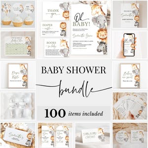 Editable Minimalist Oh Baby Safari Baby Shower Bundle, Safari Jungle Baby Shower Invitation Pack, Safari Animals Shower Game Package,BBS974