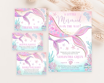 May include: A pink and blue mermaid tail baby shower invitation with gold glitter accents. The invitation says "A Little Mermaid is on the Way!" and includes the date, time, and location of the event. It also includes the name of the mom-to-be, Samantha Green, and the RSVP information. The invitation is decorated with seashells, starfish, and bubbles.