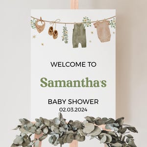 Bearbeitbar Boho Es ist ein Junge Babykleidung Babyparty Willkommensschild, grünes Boho Babyparty Poster, Wäscheleine Dusche Decor, BBS853