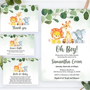 Editable Safari Animals Baby Shower Invitation Bundle, Boy Safari Jungle Baby Shower Invite, Jungle Shower Invite, Greenery Safari, BBS245