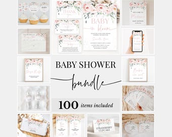 May include: A pink and white baby shower printable bundle with 100 items. The bundle includes a welcome sign, diaper raffle tickets, a baby shower invitation, and a cupcake topper. The design features pink flowers and the text "Baby in Bloom".
