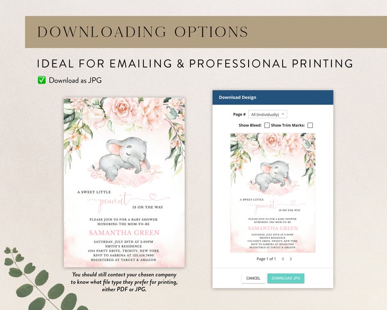 Editable Blush Girl Elephant Baby Shower Invitation Bundle, Pink Floral ...