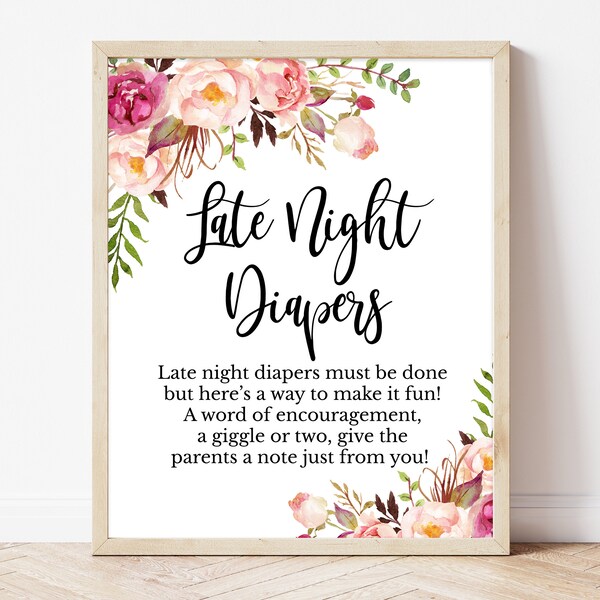 Late Night Diapers Sign Rustic Floral Baby Shower, Girl Floral Baby Shower Diaper Thoughts Sign,Rustic Boho Floral Baby Shower Decor, BBS257