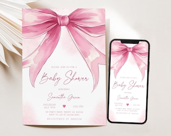 Editable Pink Bow Baby Shower Invitation, Girl Baby Shower Invite Pack, Sweet Little Girl Coquette Ribbon Baby Shower Invite,BBS1029