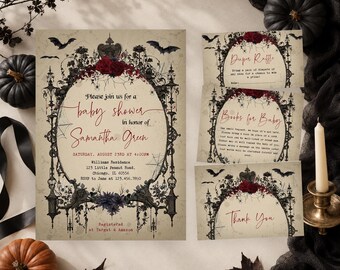 Editable Gothic Halloween Baby Shower Invitation Bundle, Spooky Vintage Baby Shower Invite, Haunted Halloween Baby Shower Invite, BBS485