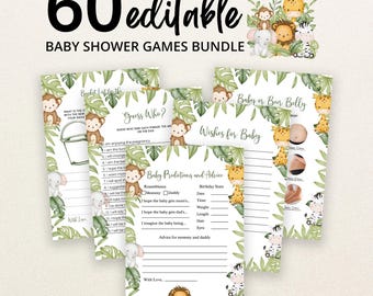 May include: A bundle of 60 editable baby shower game cards featuring jungle animal illustrations including a monkey, giraffe, lion, elephant, and zebra. The cards have green tropical leaf borders and text such as Baby Predictions and Advice, Guess Who, and Baby or Beer Belly.