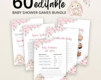 Könnte beinhalten: Ein Set aus 60 bearbeitbaren Babyparty-Spielkarten mit Aquarellillustrationen eines Hasen und rosa Blumen. Die Karten enthalten Titel wie Guess Who, Wishes for Baby und Baby Predictions and Advice mit leeren Zeilen zum Ausfüllen.