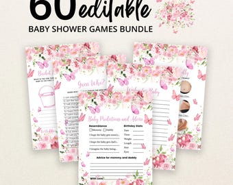 Op de afbeelding: Een bundel van 60 bewerkbare babyshower-spelkaarten met roze bloemillustraties en vlinders. De kaarten bevatten titels zoals Bucket List, Guess Who en Baby Predictions and Advice, met lege regels om op te schrijven en kleine afbeeldingen van babybuiken.