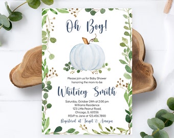 May include: Baby shower invitation with a watercolor illustration of a light blue pumpkin and the text "Oh Boy!". The invitation is framed with green foliage and includes details for the event, such as the date, time, and location.