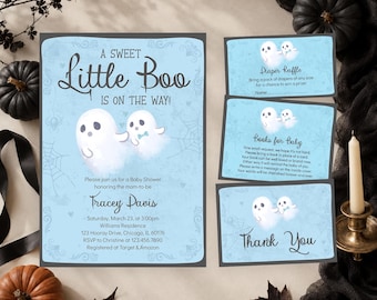 Editable A Little Boo Baby Shower Invitation Bundle, Blue Halloween Baby Shower Invite, Boy Ghost Halloween Baby Shower Invitation, BBS271