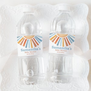 Etiqueta editable para botella de agua de baby shower "Sunshine", etiqueta para botella de baby shower "Aquí viene el hijo", baby shower bohemio "Sunshine" para niño, BBS398