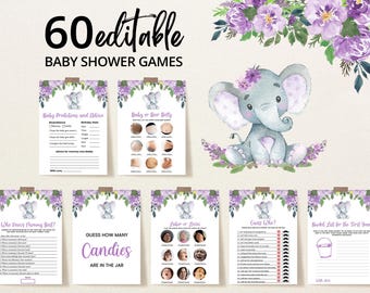 Bearbeitbares Lila Elefant-Babypartyspiel-Bundle, Mädchen-Elefant-Babypartyspiele, Blumenelefanten-Babypartyaktivität, kleine Erdnuss, BBS256