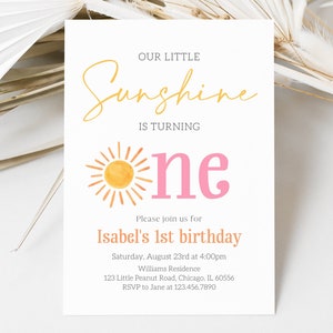 May include: A yellow and orange sun with rays, a pink "one" and the text "Our Little Sunshine is Turning" and "Isabel's 1st birthday" on a white background. The invitation includes the date, time, location, and RSVP information.