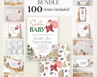 Könnte beinhalten: Ein Babyparty-Set mit 100 Artikeln im Weihnachtsmann-Design. Die Sammlung umfasst Einladungen, Cupcake-Topper, Schilder, Wasserflaschenetiketten und Spielkarten, die mit Aquarellillustrationen von Weihnachtsmännern, Bäumen und Geschenken verziert sind.