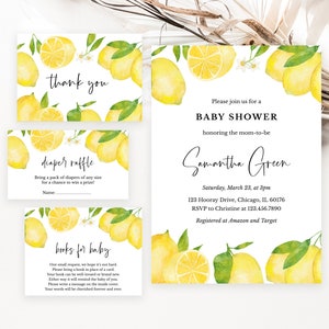 May include: A collection of baby shower stationery with watercolour lemon and green leaf designs. The set includes a baby shower invitation, thank you card, diaper raffle card, and a books for baby card. The invitation includes the text "Baby Shower" and the name "Samantha Green".