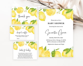 Editable Lemon Baby Shower Invitation Bundle, Lemon Baby Shower Invite, Gender Neutral Lemon Baby Shower Invite, Lemon Template BBS295